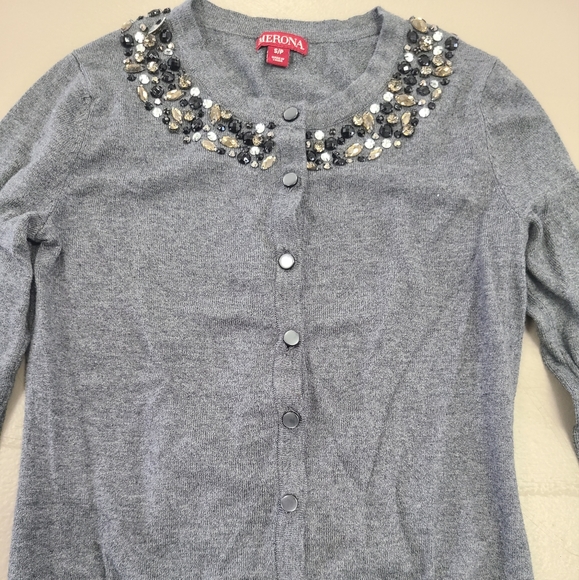 Gray bejeweled button up sweater - Picture 2 of 5